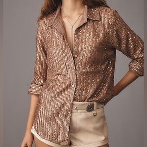 NWT Anthropologie THE REMIE SEQUIN Brown BUTTON DOWN. Size Medium
